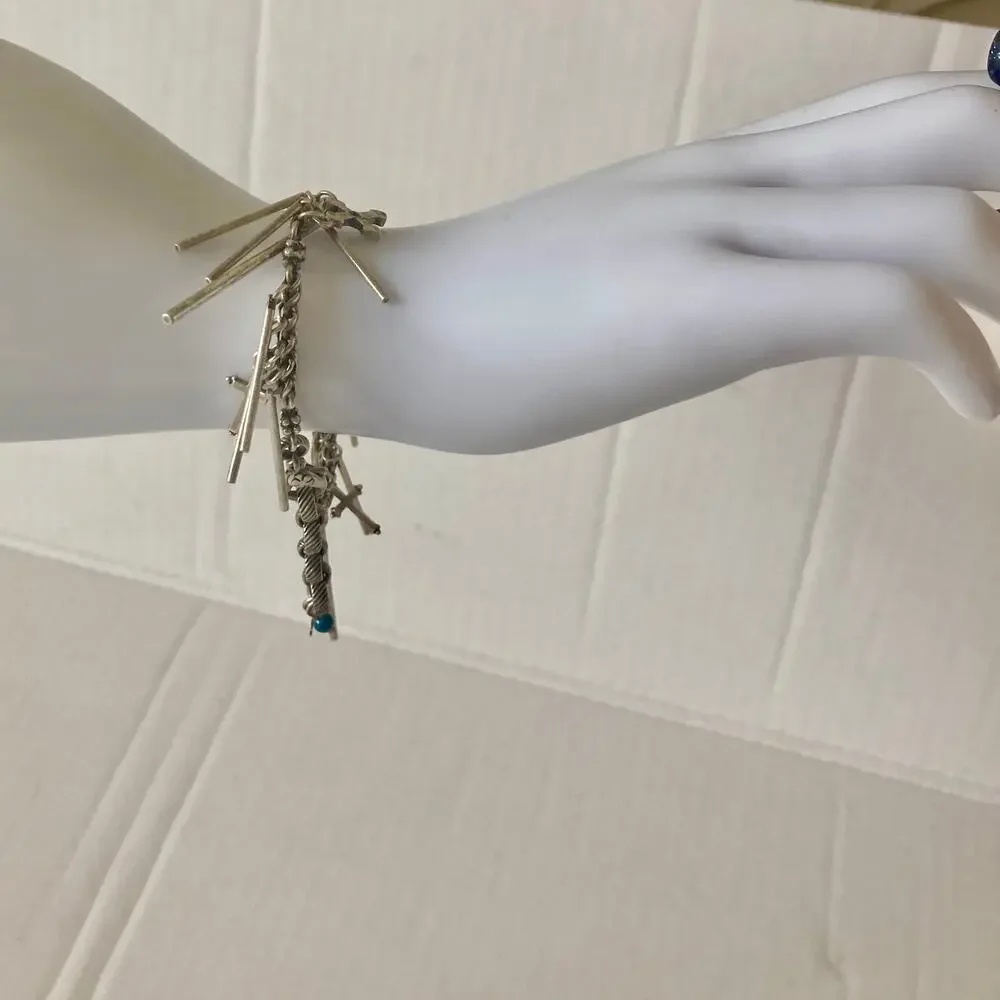 Lucky Brand Silver charm bracelet, antiqued metal chain with Cross dangles